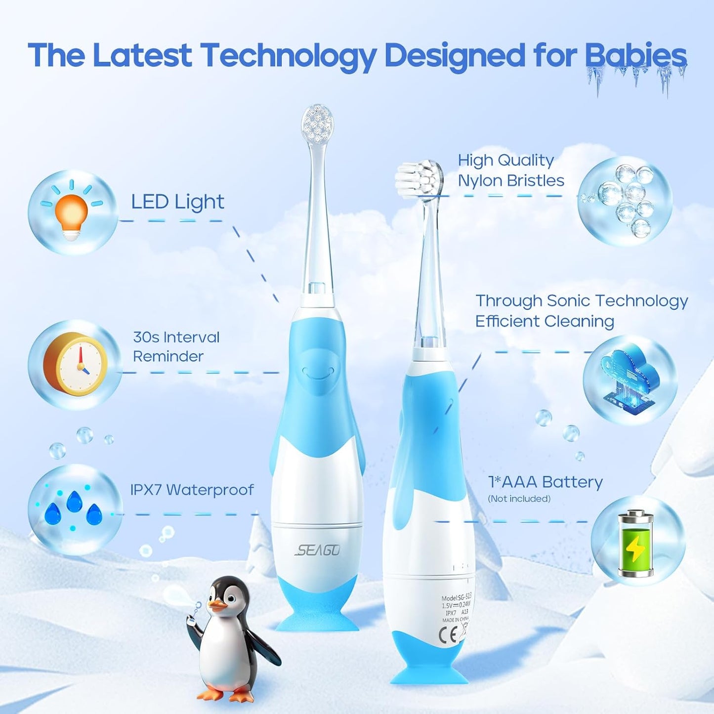 SEAGO Toddler Electric Toothbrushes for Baby Ages 0-3 Years, Baby Toothbrush with Smart Timer and Suction Base, 4 Replacement Brush Heads SG-513 (Blue-C)