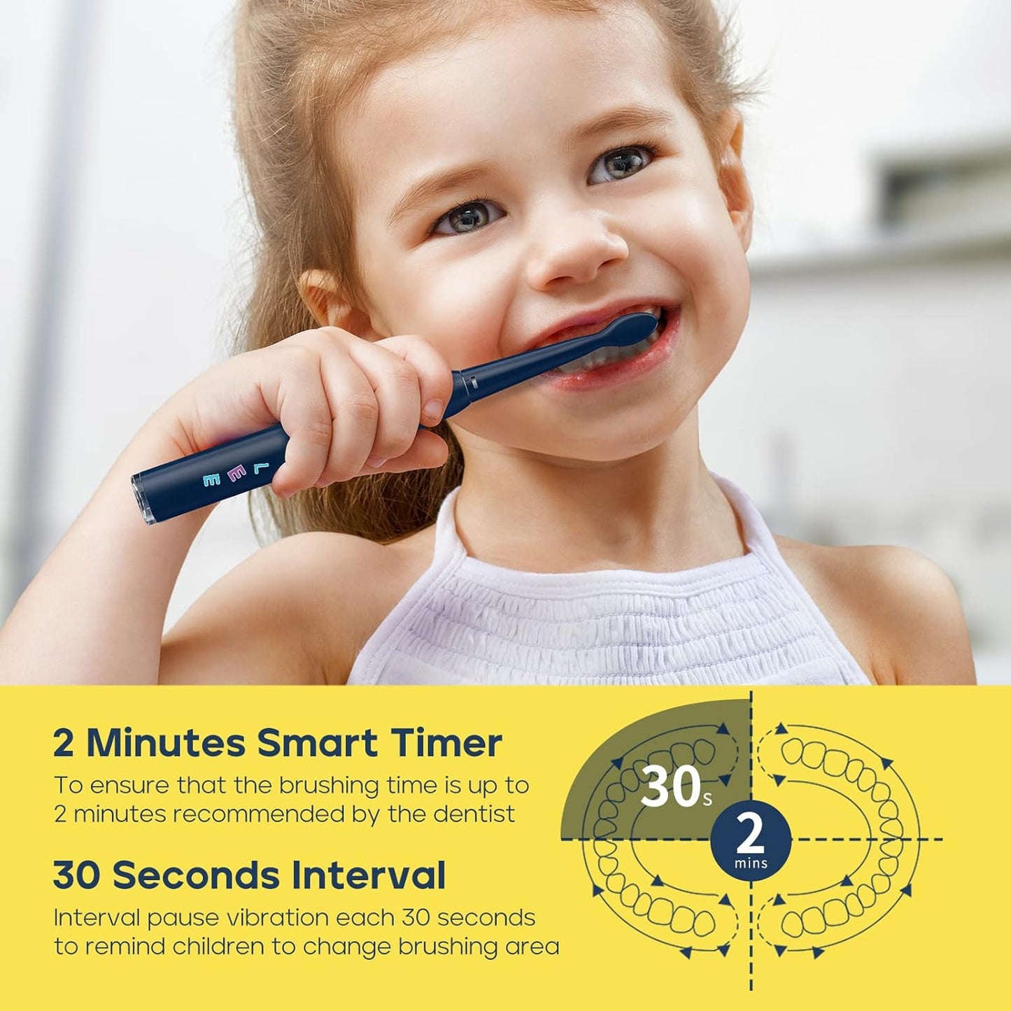 SEAGO Kids Electric Toothbrush, Rechargeable Sonic Soft Bristle Toothbrushes with 8 Brush Heads, DIY Stickers and 5 Modes, Ideal for Kids and Children, Ages 3–12,SG2303(Navy)