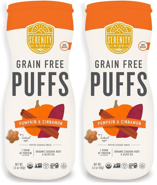 Serenity Kids 6+ Months Grain Free Puffs Toddler & Baby Snack | No Added Sugar, Gluten & Rice Free, Allergen Free | Made with Organic Cassava, Veggies, and Herbs | Pumpkin & Cinnamon | 1 Count