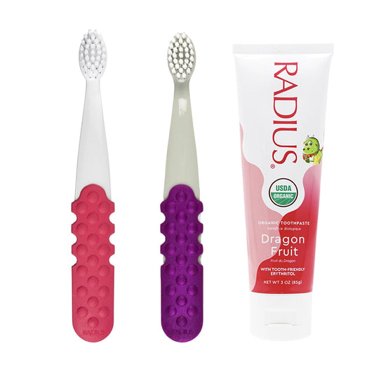 RADIUS Toddler Toothbrush & Toothpaste Bundle for Kids, 2 Pack Totz Plus Silky Soft Brush in White/Coral & Cool Grey/Amethyst Purple and 1 Count Dragon Fruit Toothpaste, for Children 18 Months & Up