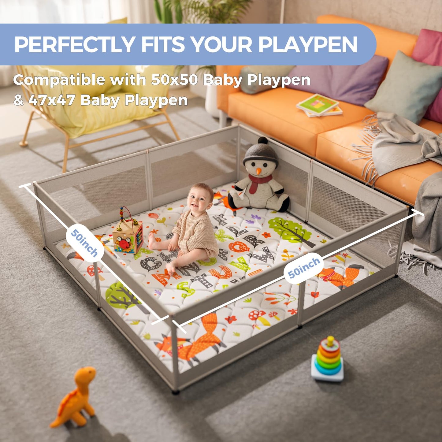 Baby Play Mat 50x50 Playpen Mat Upgraded Thicker Baby Floor Play Mat Cushioned Anti- Slip Crawling Mat Waterproof Activity Playmat for Babies Toddlers Infants Tummy Time(50x50, Letter Fox)